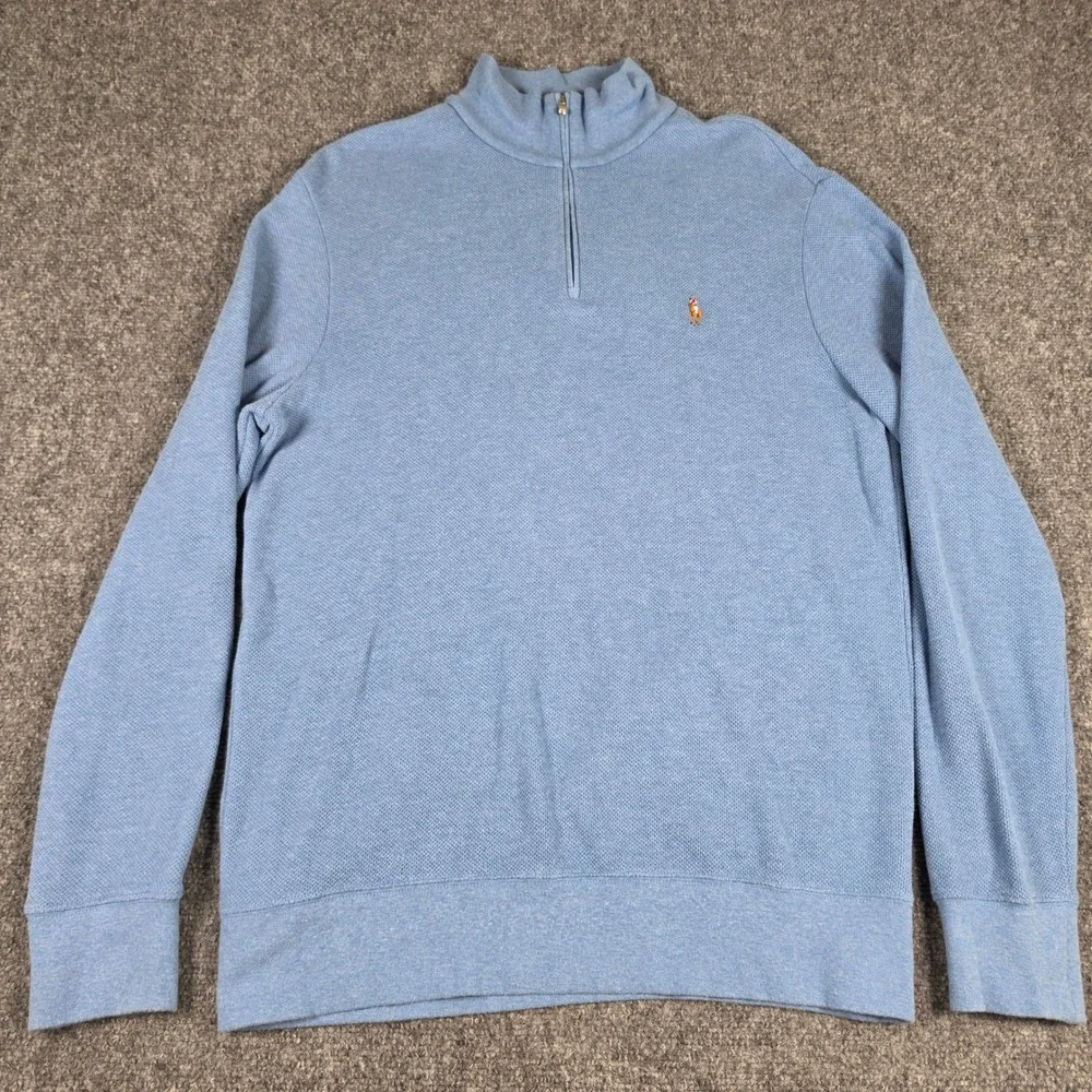 Polo Ralph Lauren Quarter Zip Sweater Mens L Blue Textured Cotton Flesh Pony